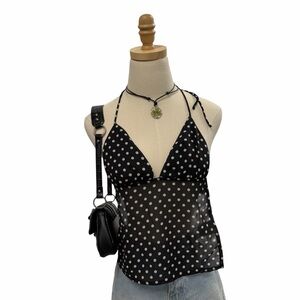 Shein Black Polka Dot Sheer Halter Top Mesh Deep V Open Back XS